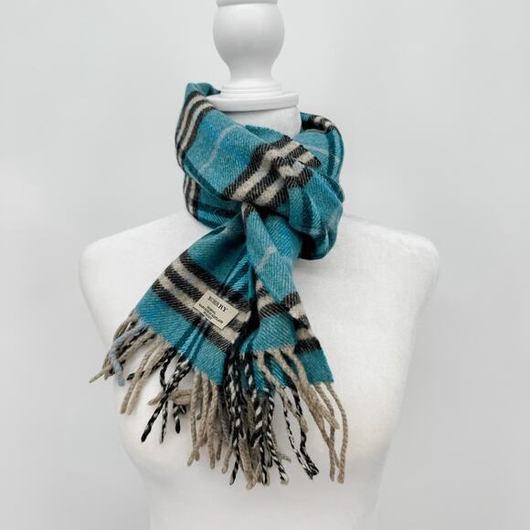 Burberry Scarf Lambswool Authentic Wool Blue Plaid Nova Check Winter Fringe Tan - Picture 4 of 9